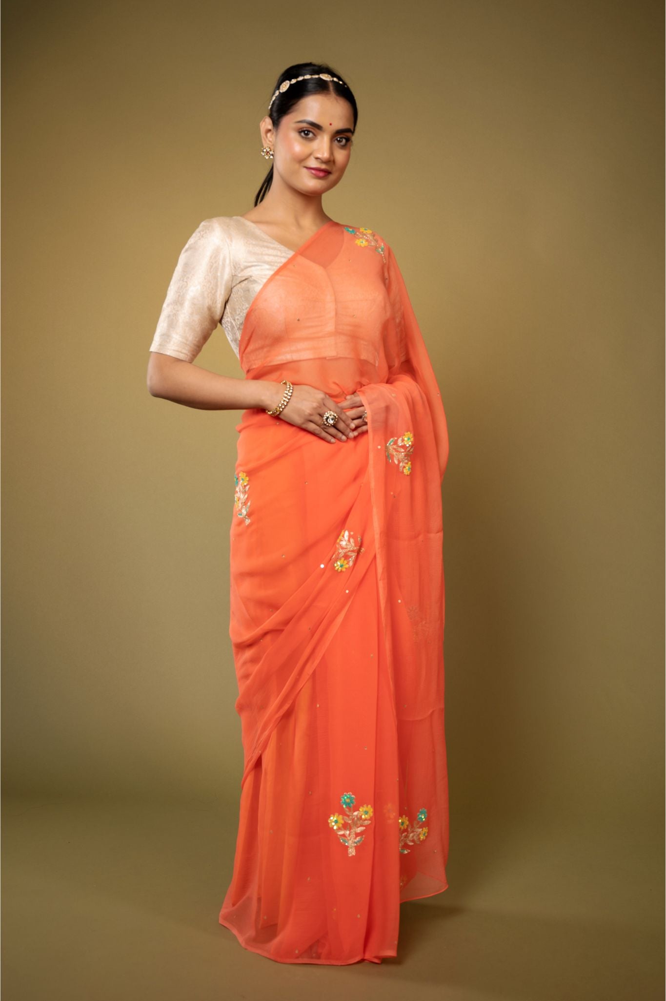 Peach viscose chiffon aari sequins  handwork casual wear saree