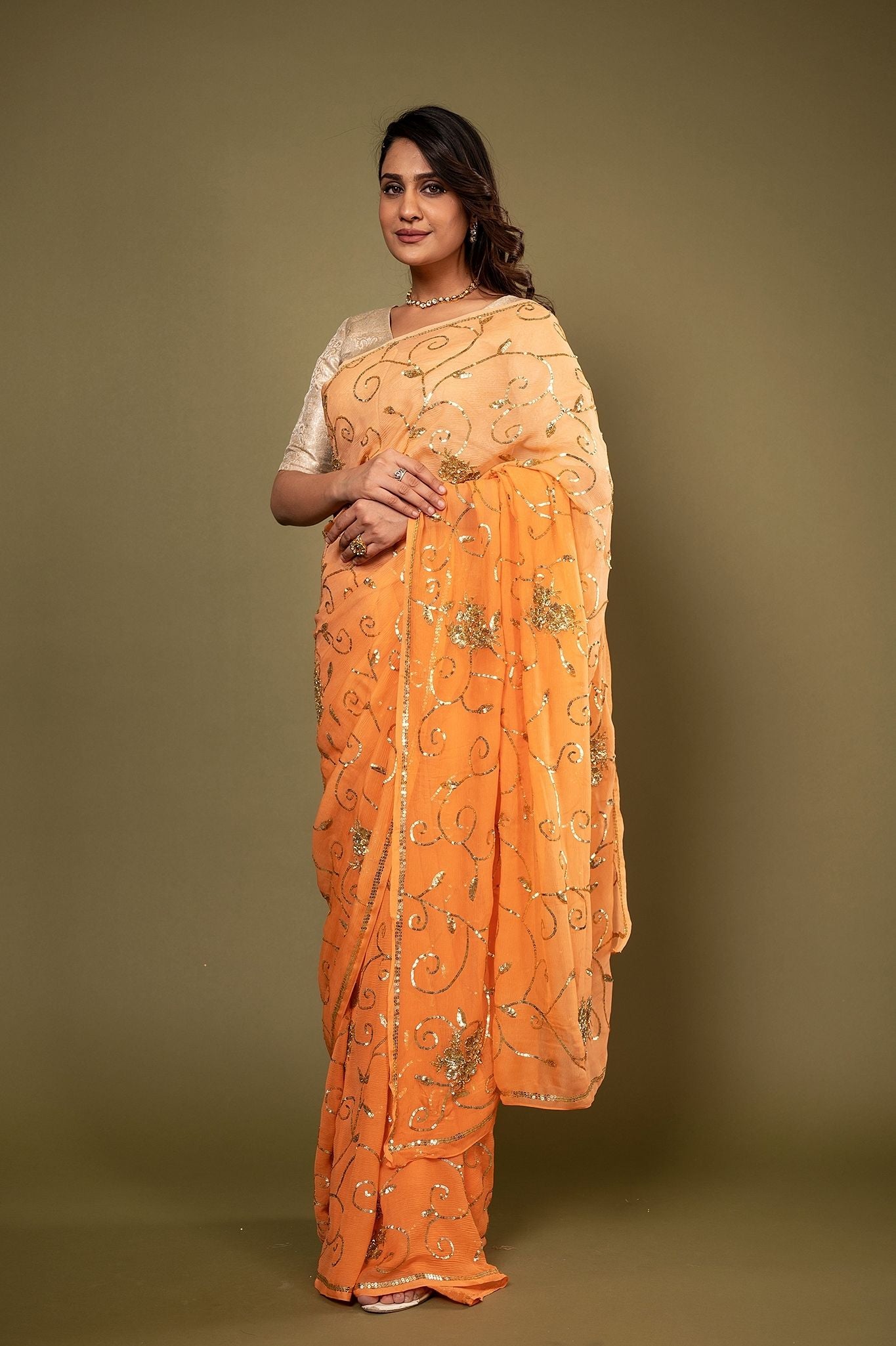 Orange Pure Chiffon aari sequins  jaal handwork saree