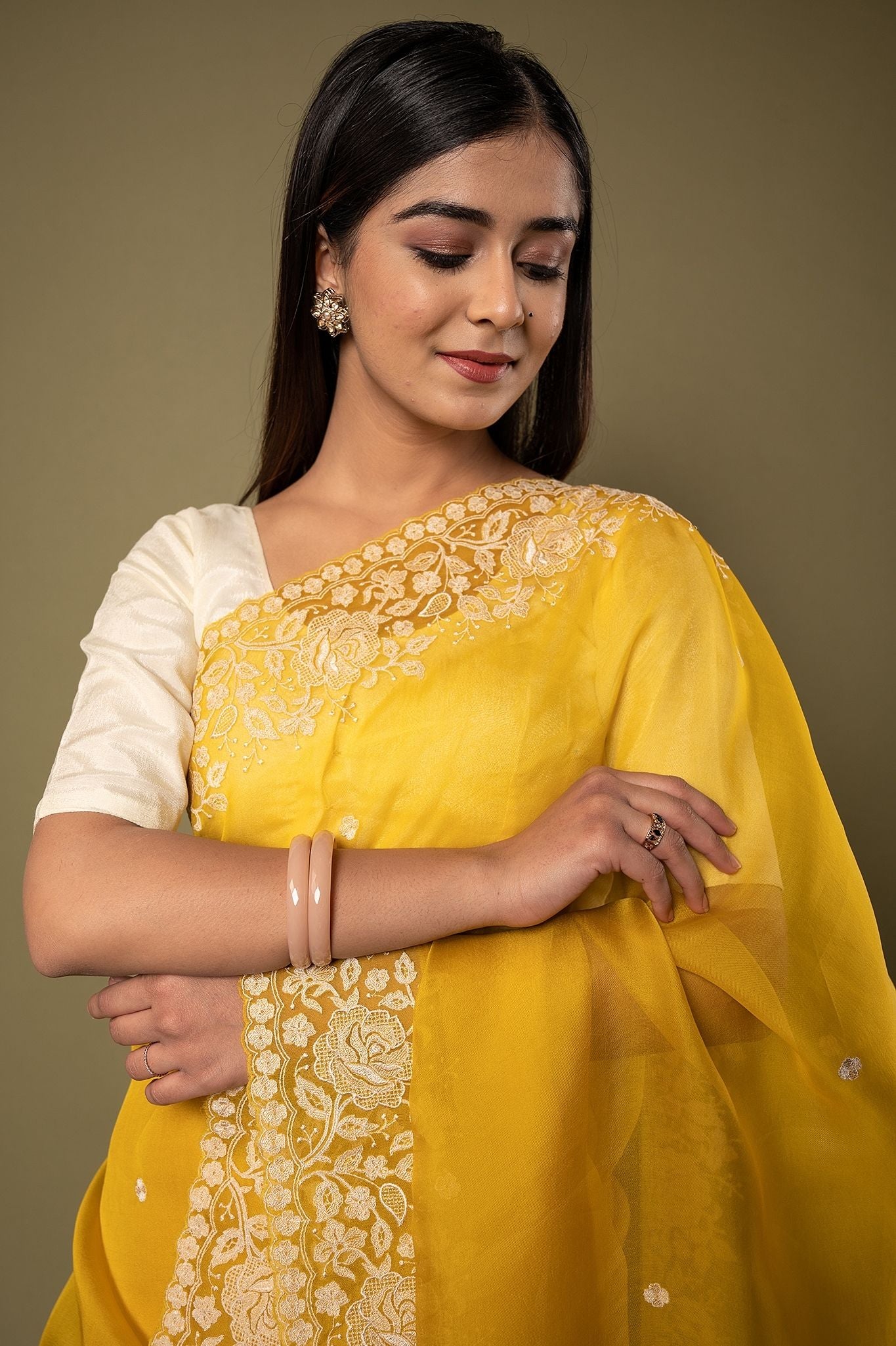 Yellow Organza  resham border butti handwork saree