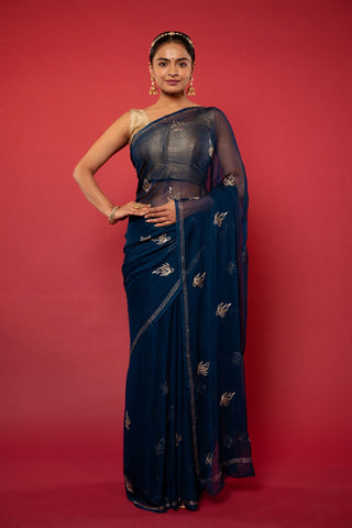 Blue Viscose Chiffon Aari work Saree