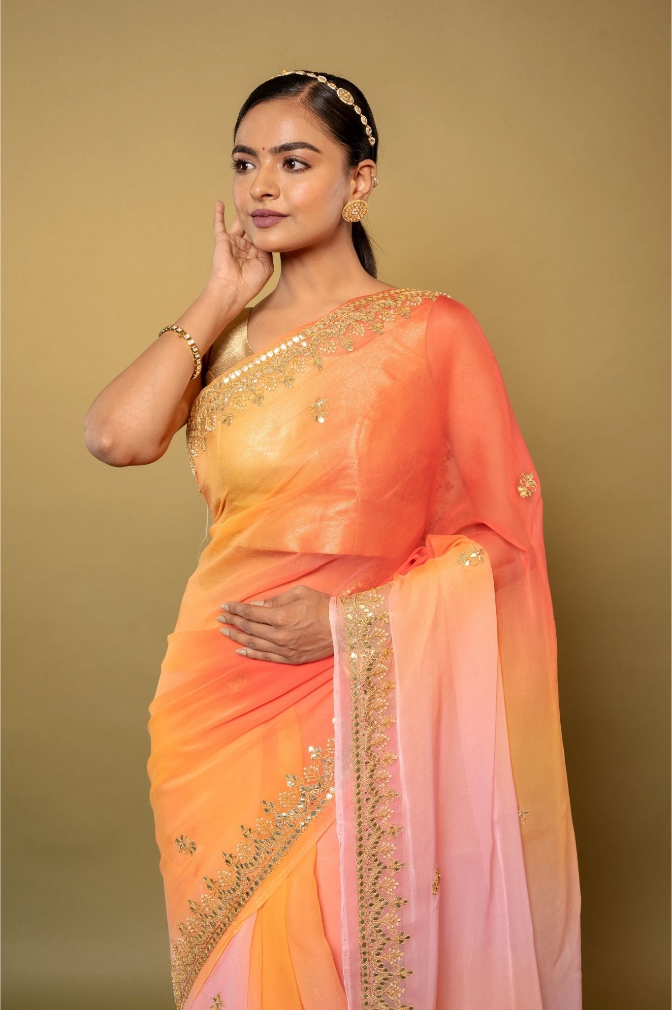 Multi colour Viscose Chiffon gota pati border butti handwork party wear saree