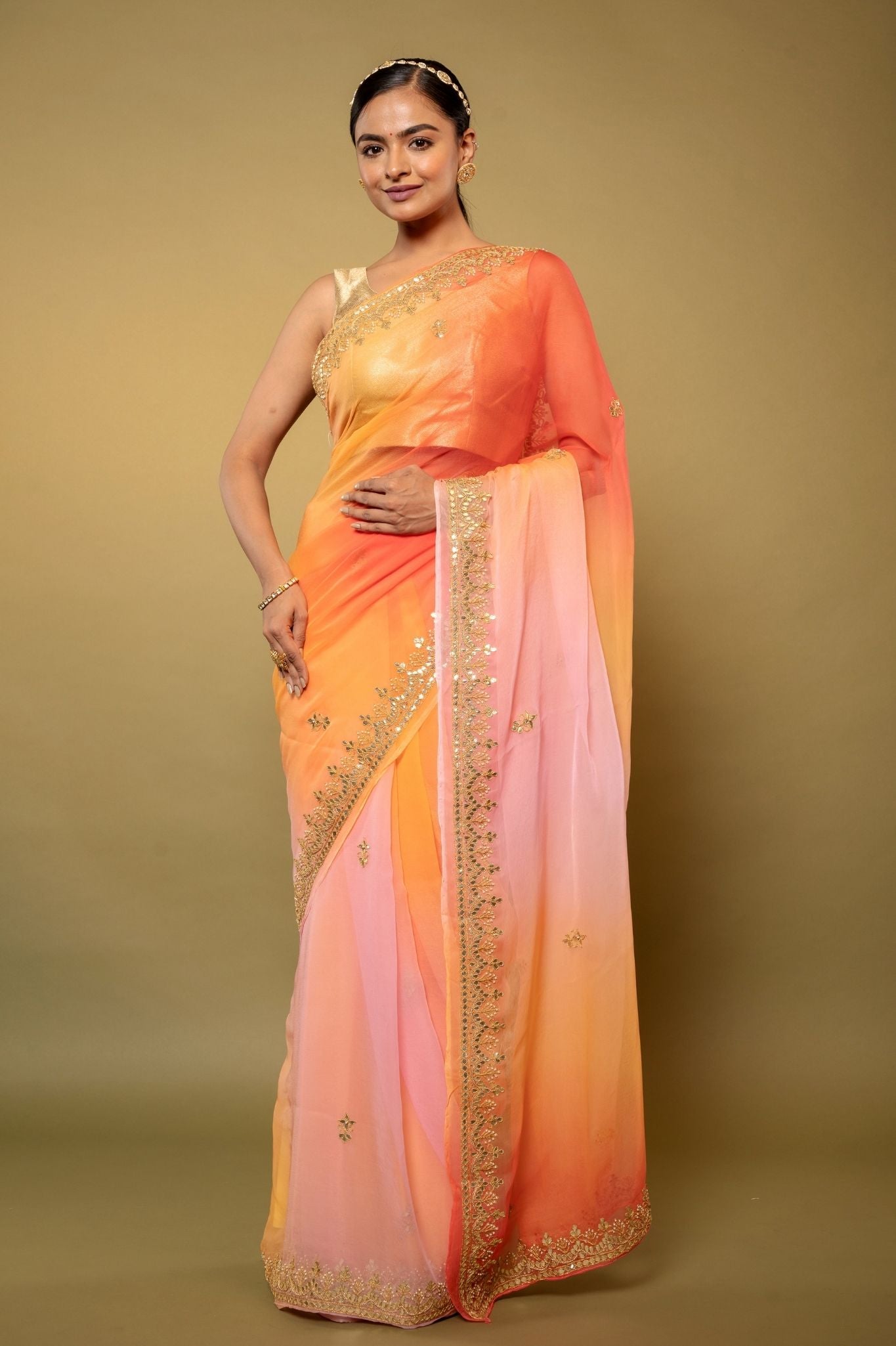 Multi colour Viscose Chiffon gota pati border butti handwork party wear saree