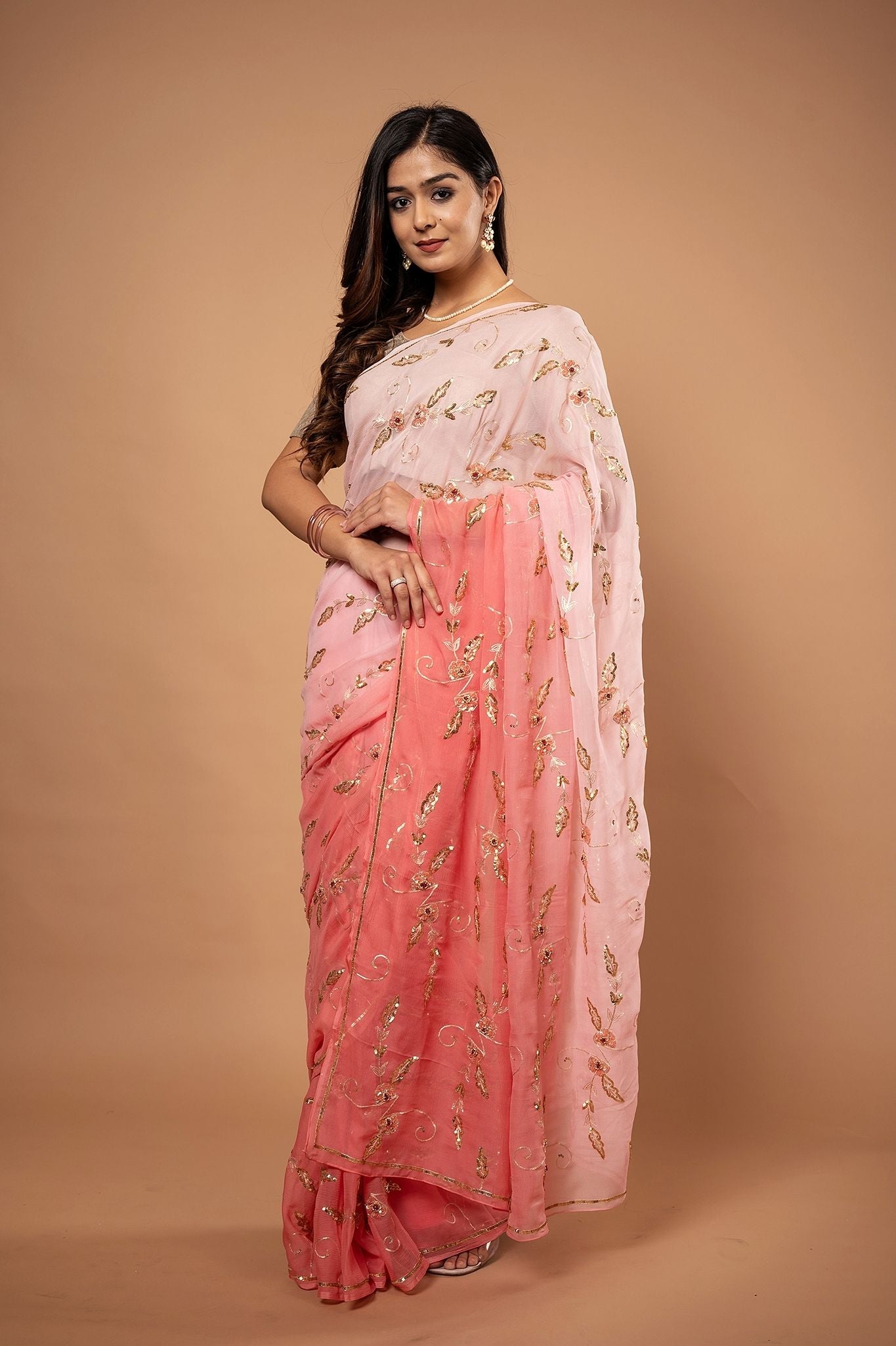 Peach light dark Pure Chiffon Aari sequins  jaal handwork saree