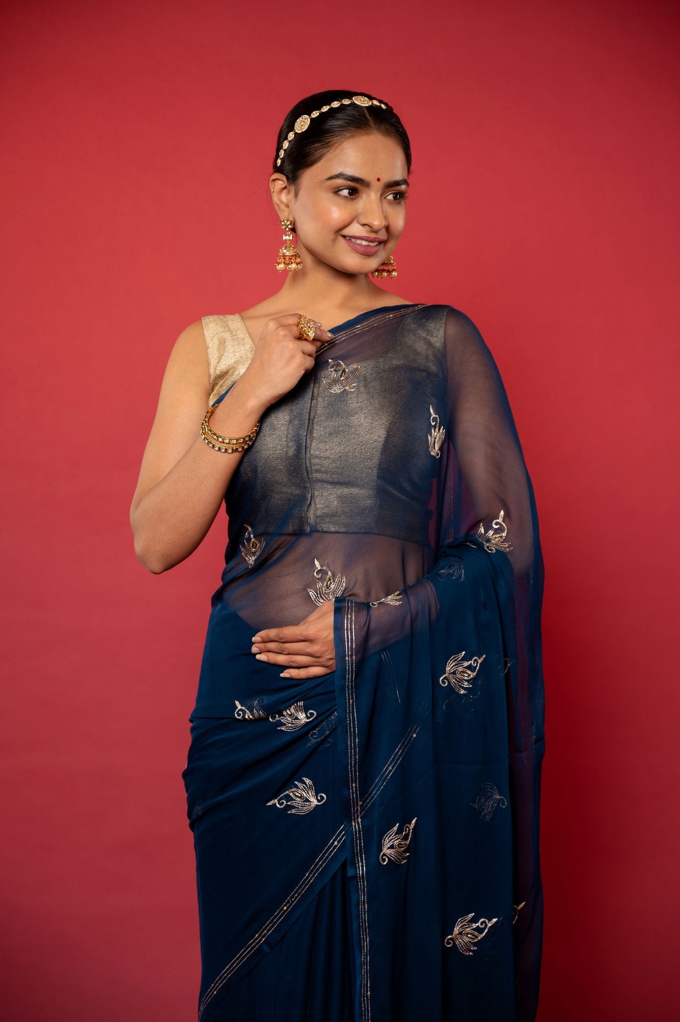 Dark blue viscose chiffon aari sequins   handwork casual wear saree