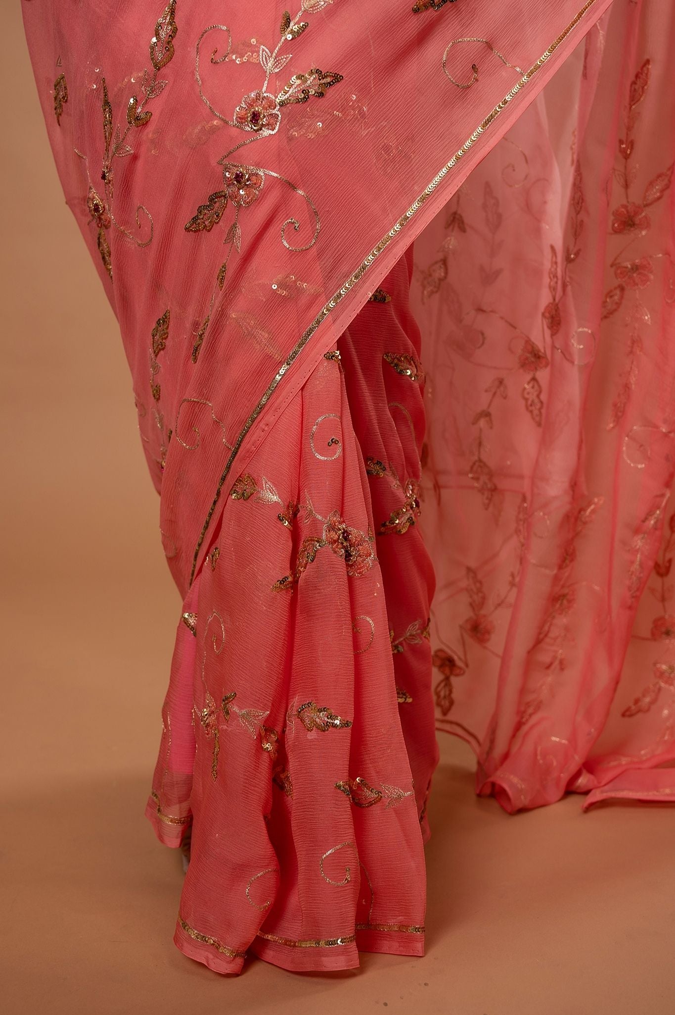 Peach light dark Pure Chiffon Aari sequins  jaal handwork saree