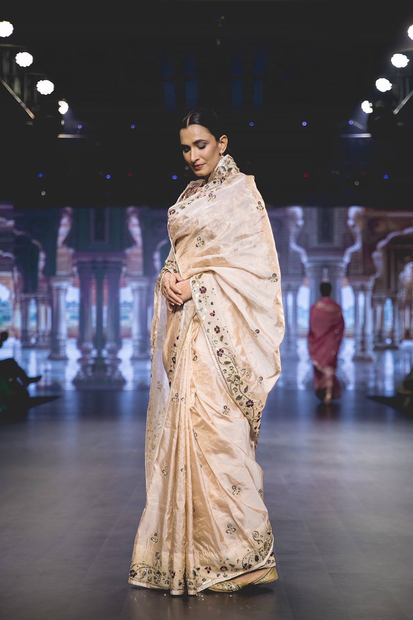 Beige Pure Tissue Sequins Border & Motif Handwork Party Wear Saree with Blouse