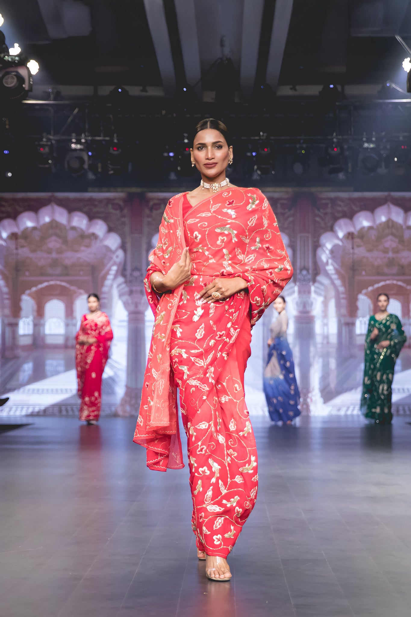 Red Shaded Pure Chiffon Aari Sequins French Knot all over Fish Motif (Booty) Jaal Handwork Party Wear Saree with Blouse