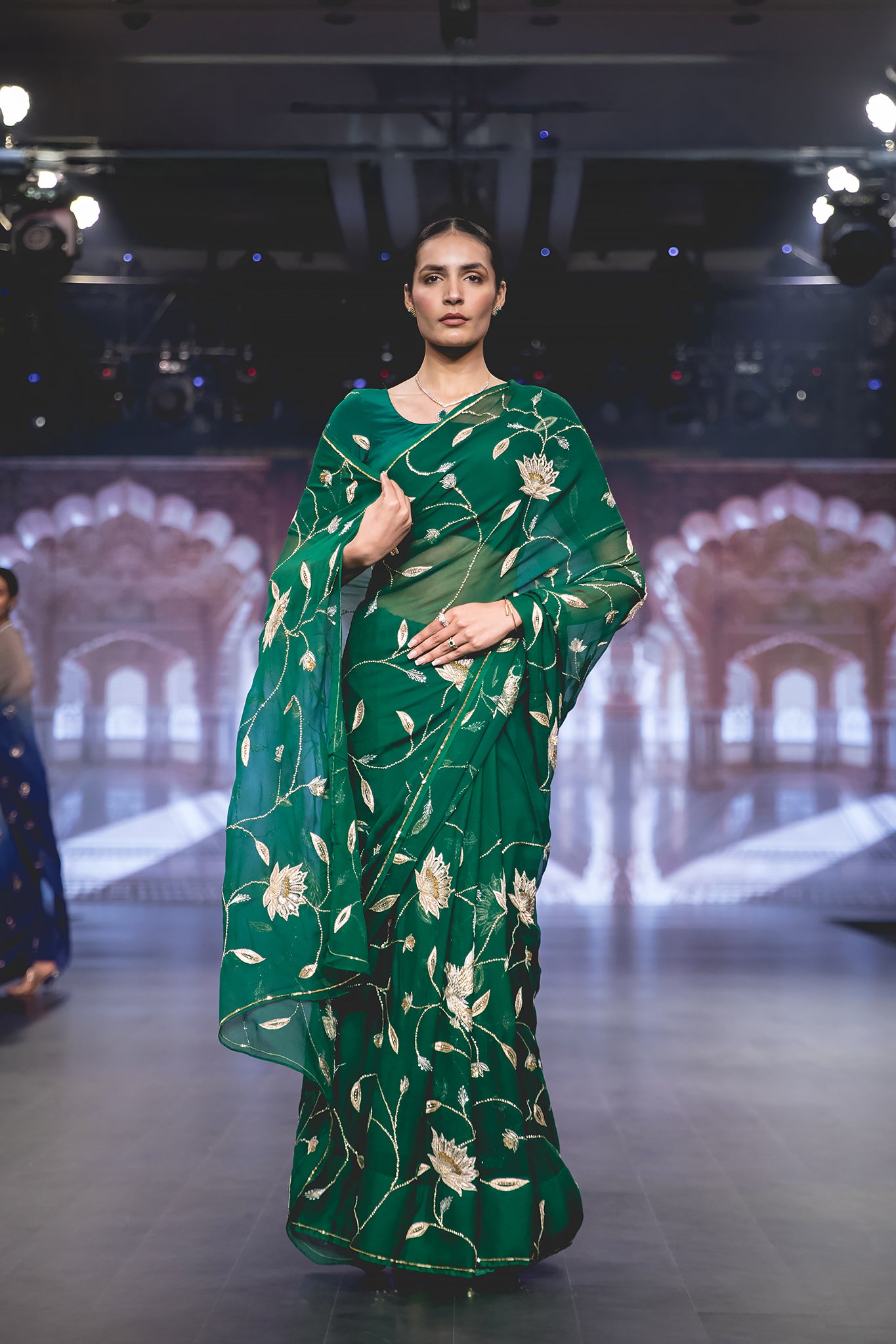 Bottle Green Pure Chiffon Aari Sequins Zardozi Flower Motif (Booty) all over Jaal Handwork Party Wear Saree  with Blouse