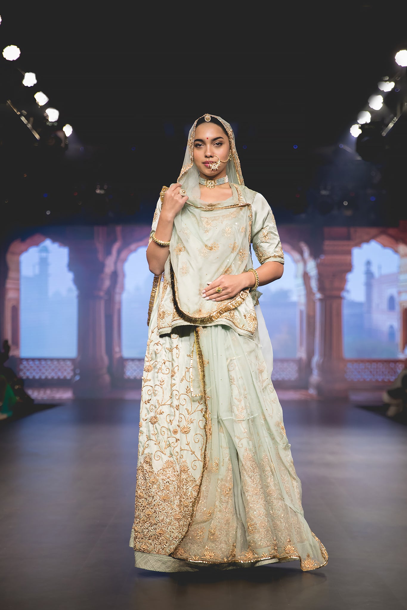 Light Olive Pure Satin Dabka Tari work Handwork  Poshak with pure odhna (unstitched)