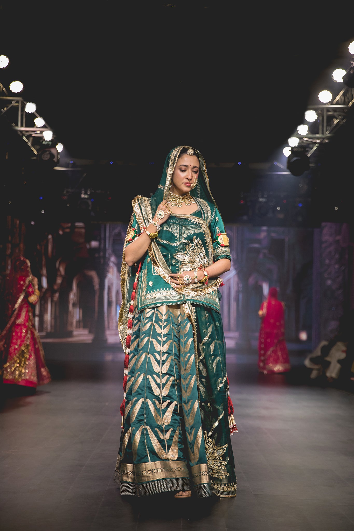 Bottle Green Pure Silk Banarsi Kali Pattern Leaf Handloom  Poshak with Pure Odhana (unstitched)