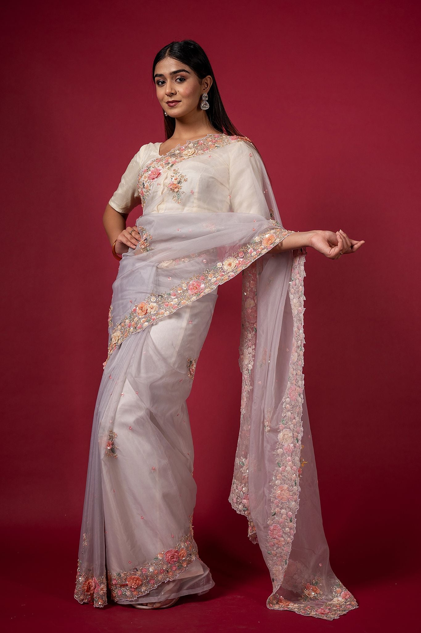lavender organza  pearl  sequins kardana resham handwork saree