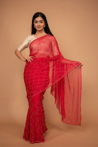 Red Viscose Chiffon All Over Kardhan Work Saree