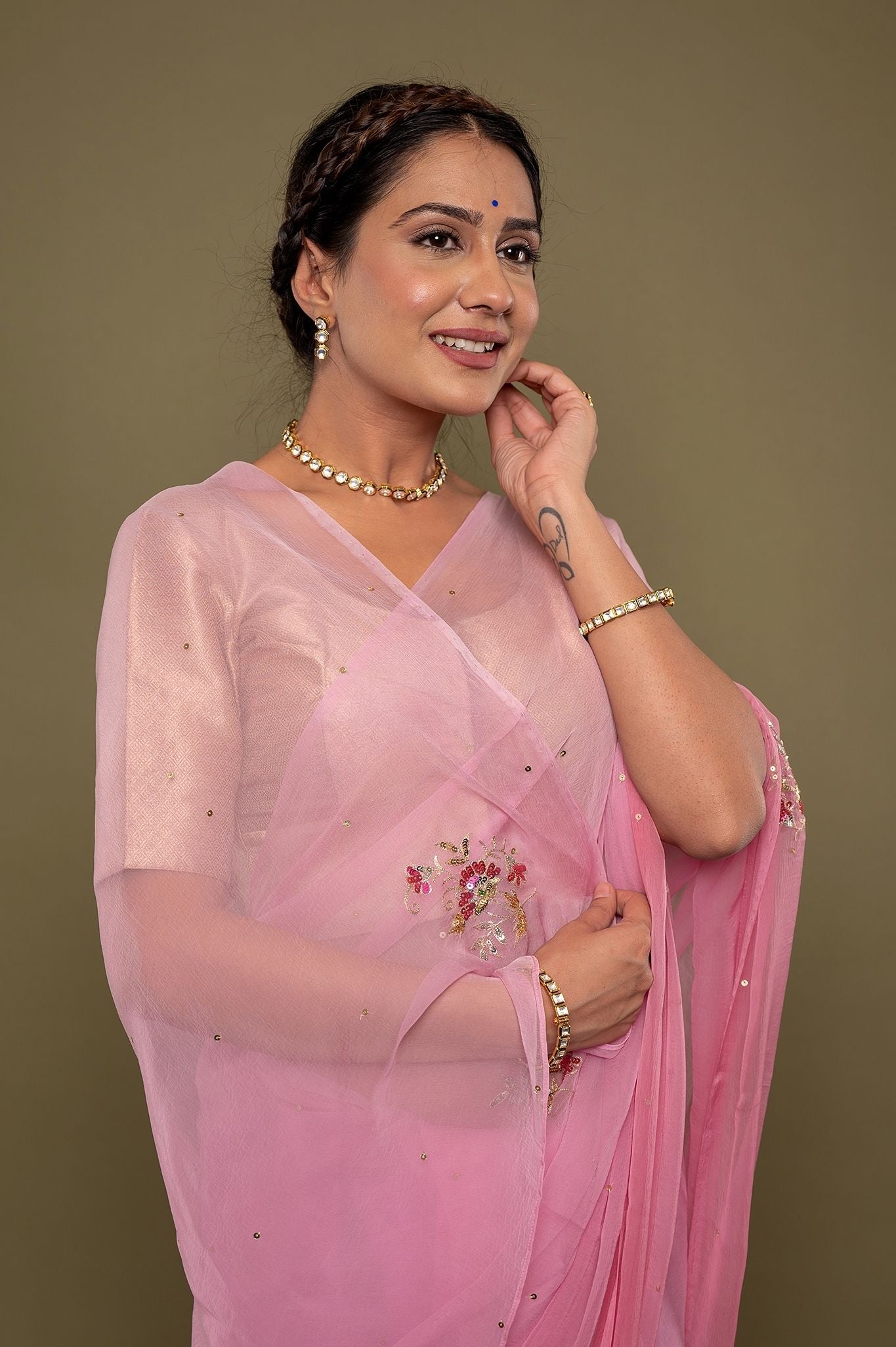 Viscose Chiffon Pink Butta Work Saree