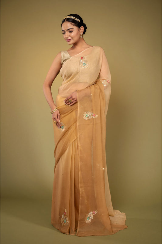 Brown Viscose Chiffon Aari sequins work Saree