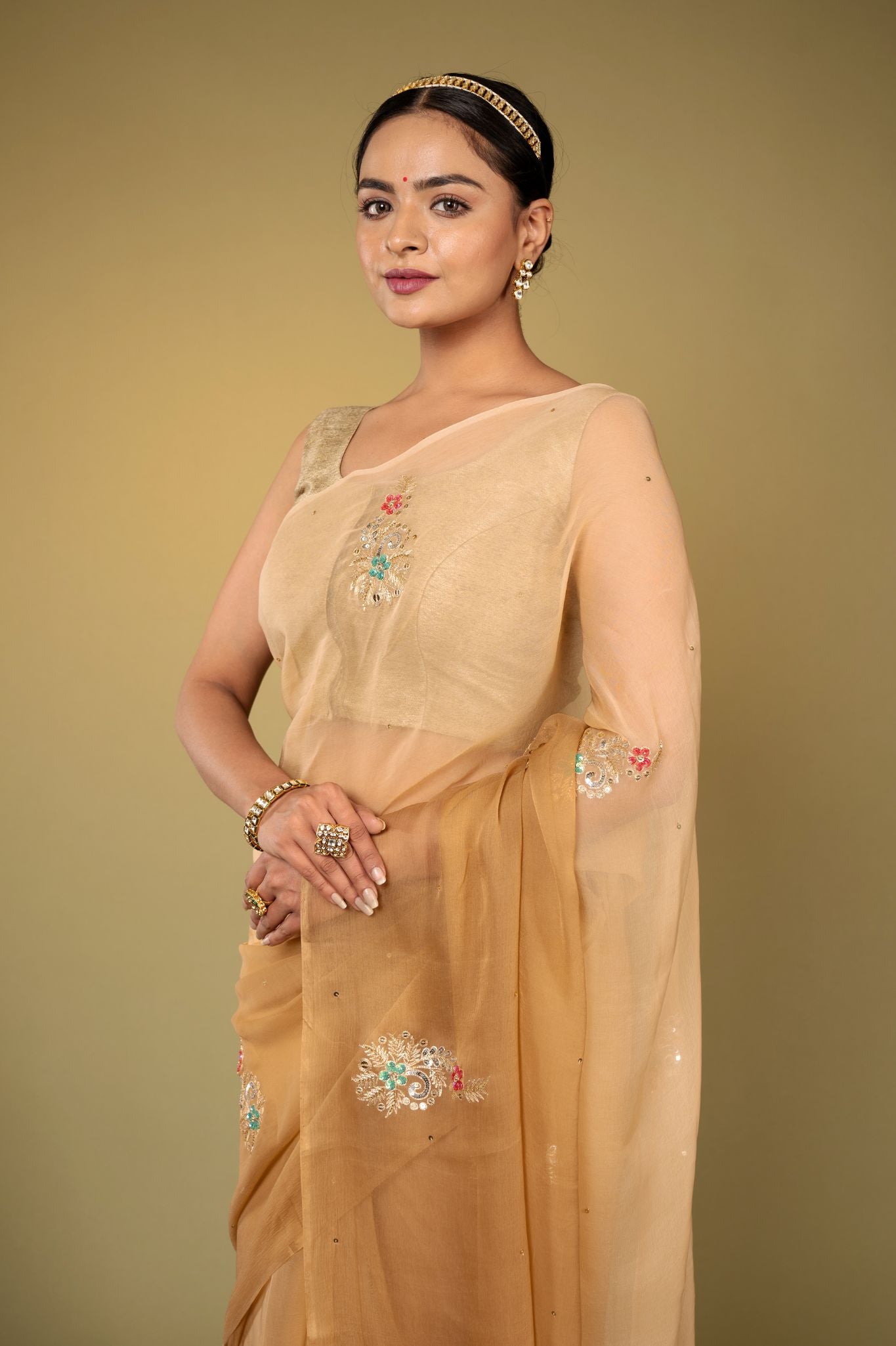 Chikku Light brown viscose chiffon aari sequins   handwork casual wear saree