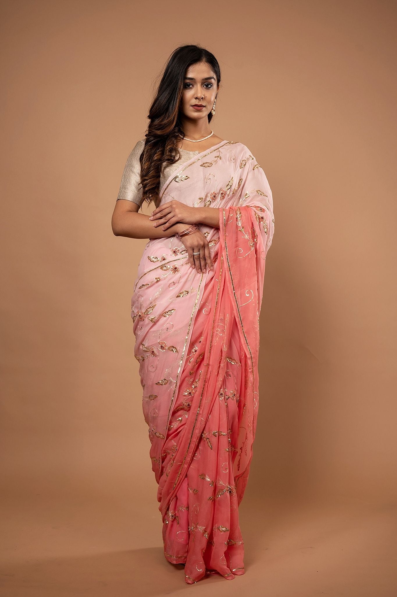 Peach light dark Pure Chiffon Aari sequins  jaal handwork saree