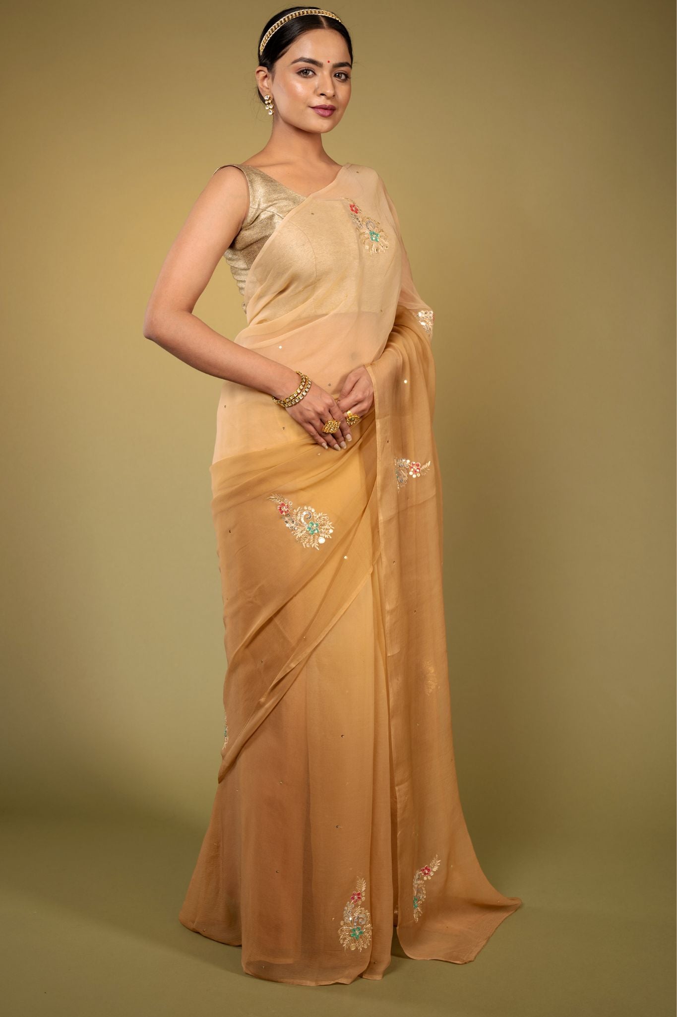 Chikku Light brown viscose chiffon aari sequins   handwork casual wear saree