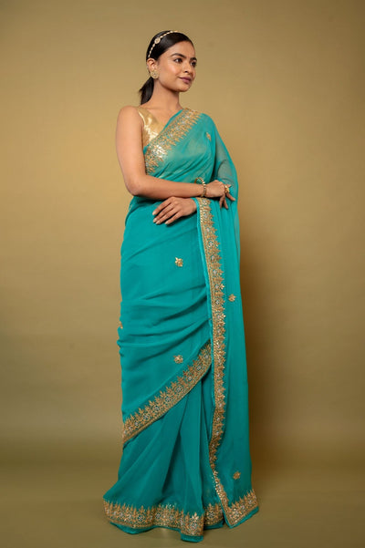 Noor Gota Turquoise Chiffon Saree