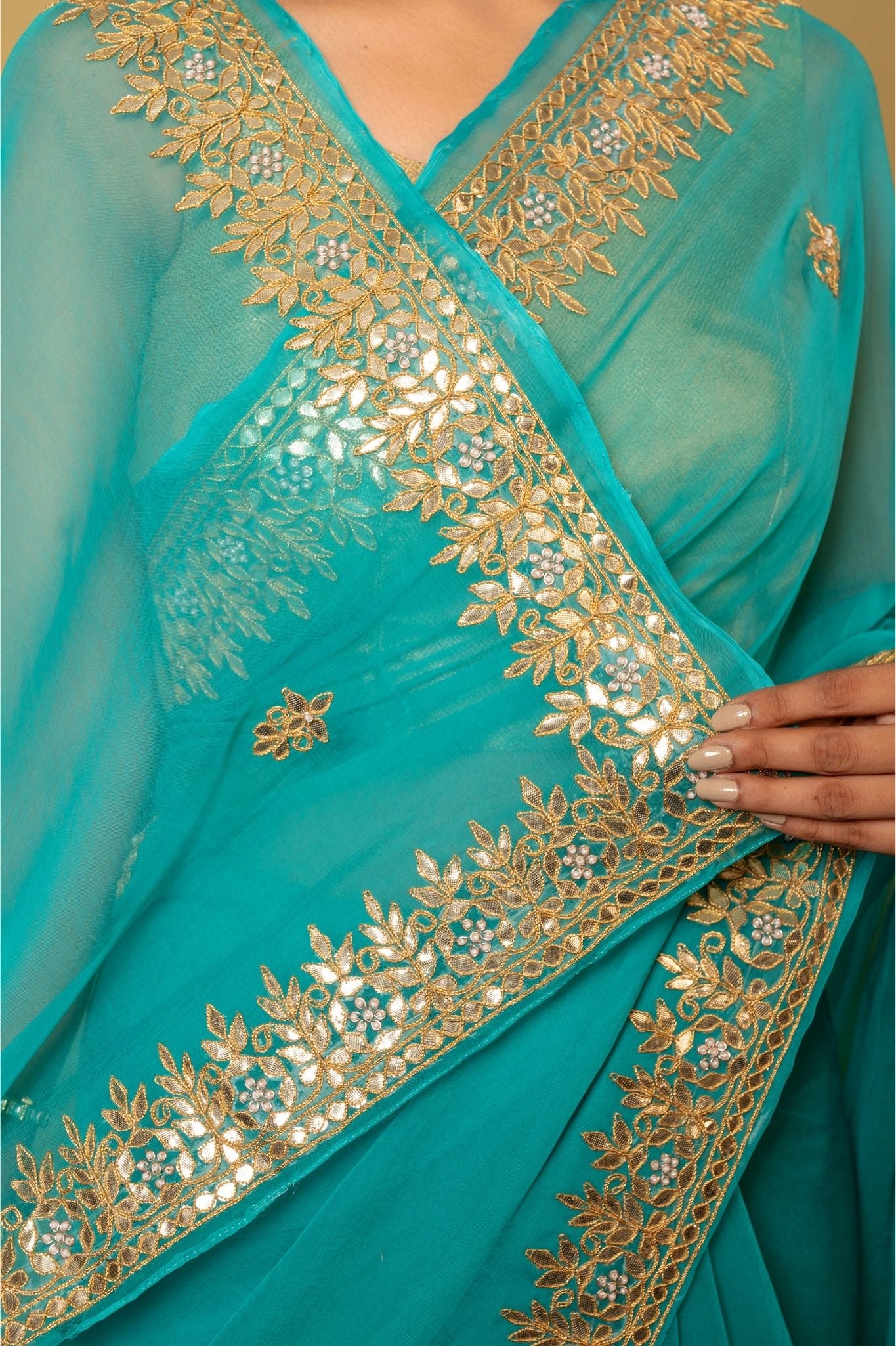 Noor Gota Turquoise Chiffon Saree