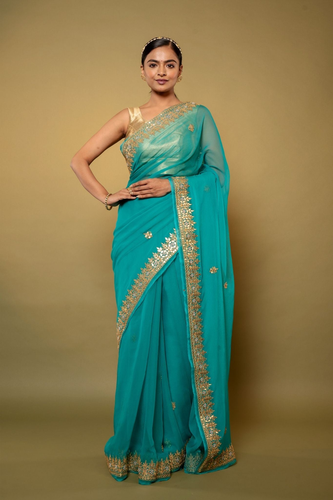 Noor Gota Turquoise Chiffon Saree