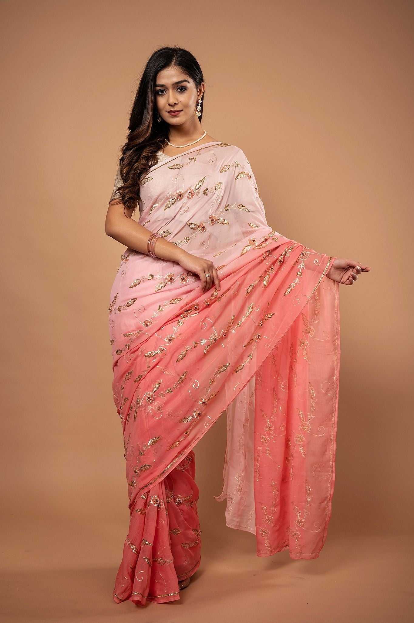 Peach light dark Pure Chiffon Aari sequins  jaal handwork saree