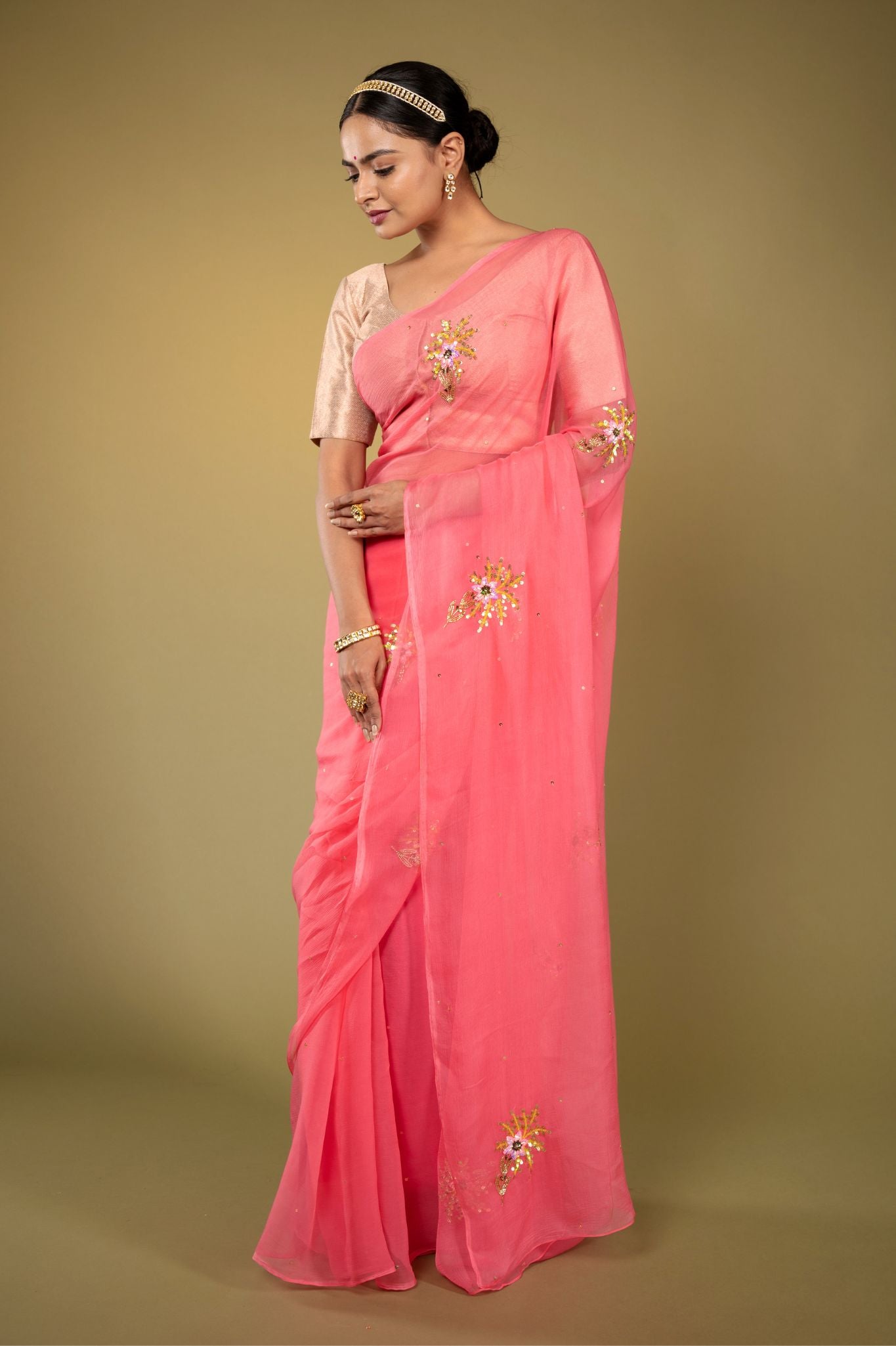 Soft pink viscose chiffon aari sequins  handwork casual wear saree