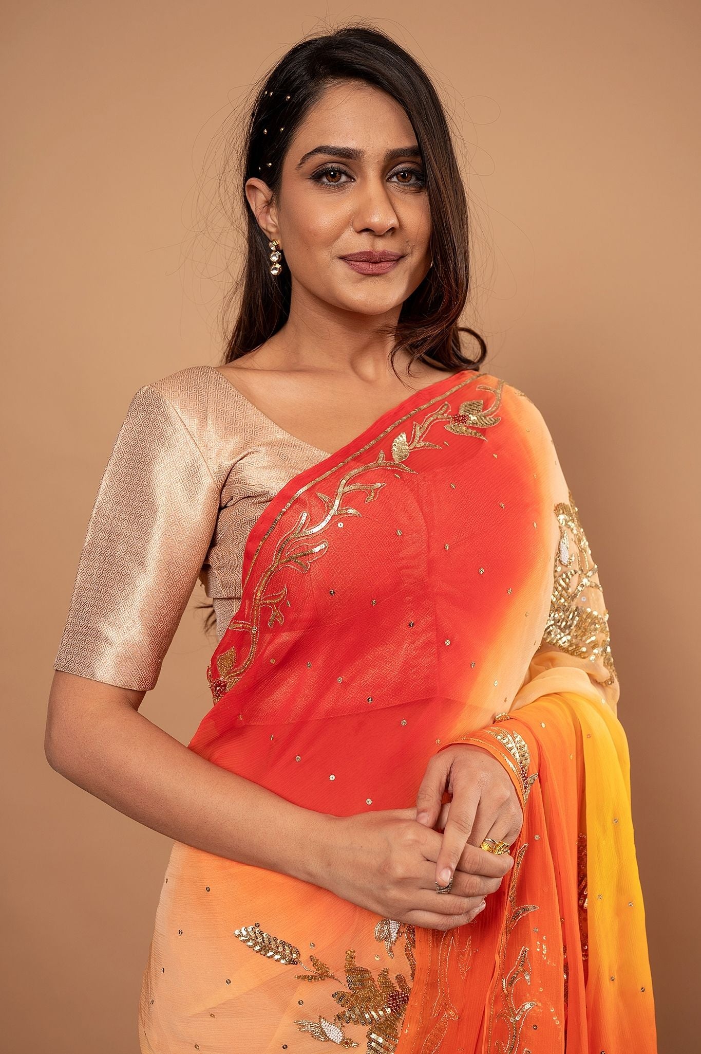 Yellow orange Pure Chiffon Aari sequins  Motif handwork saree