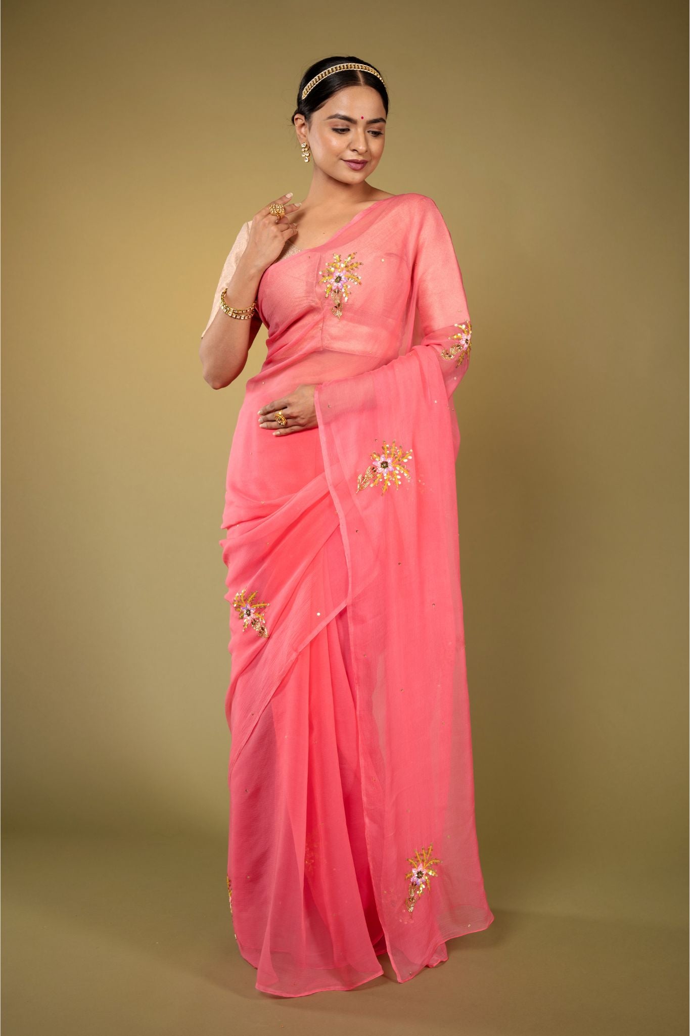 Soft pink viscose chiffon aari sequins  handwork casual wear saree