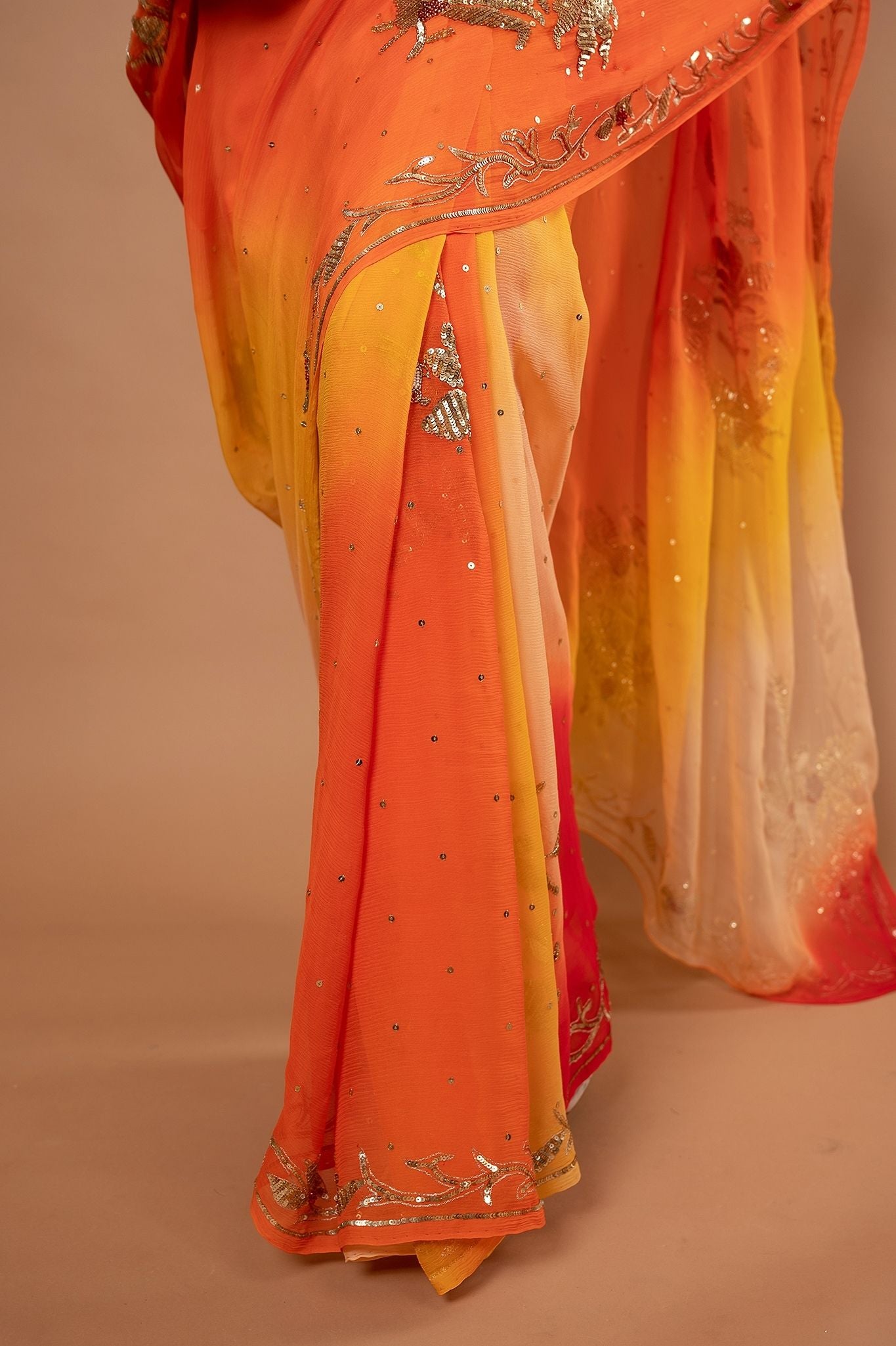 Yellow orange Pure Chiffon Aari sequins  Motif handwork saree