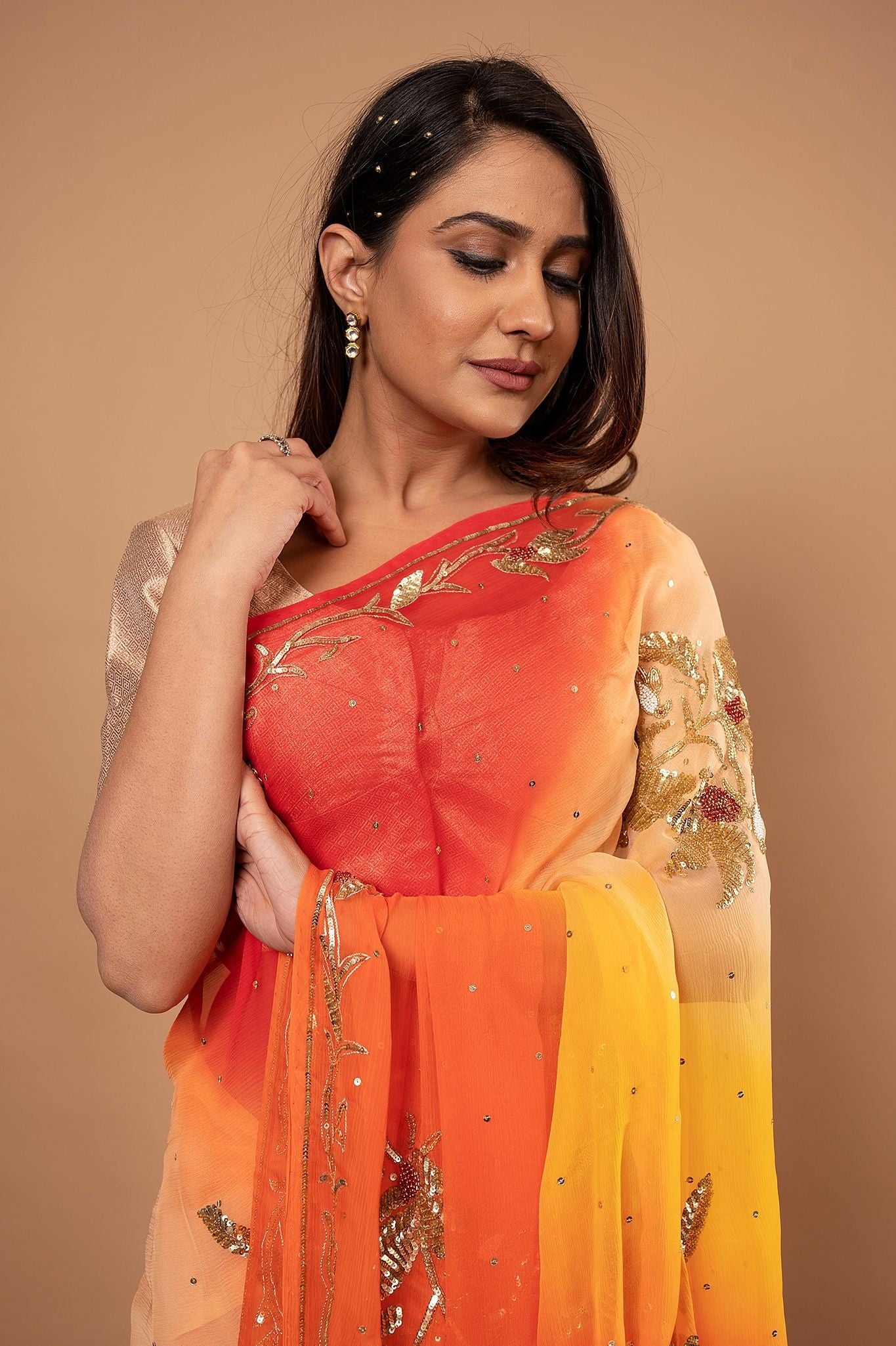 Yellow orange Pure Chiffon Aari sequins  Motif handwork saree