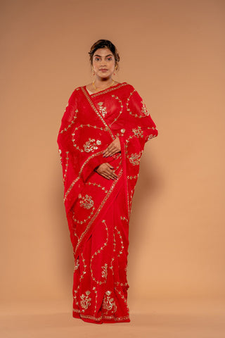 Gota Patti Tamatri Red Pure Platinum Chiffon Saree