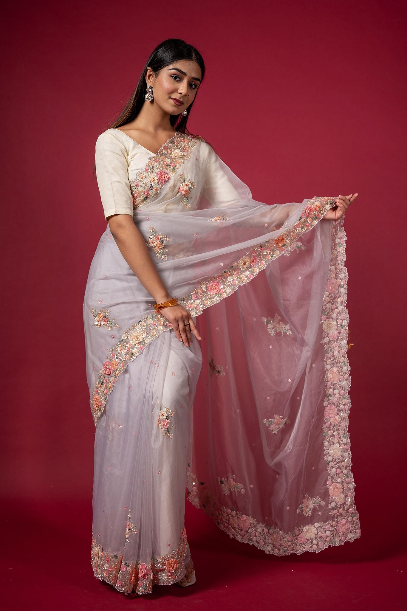 lavender organza  pearl  sequins kardana resham handwork saree