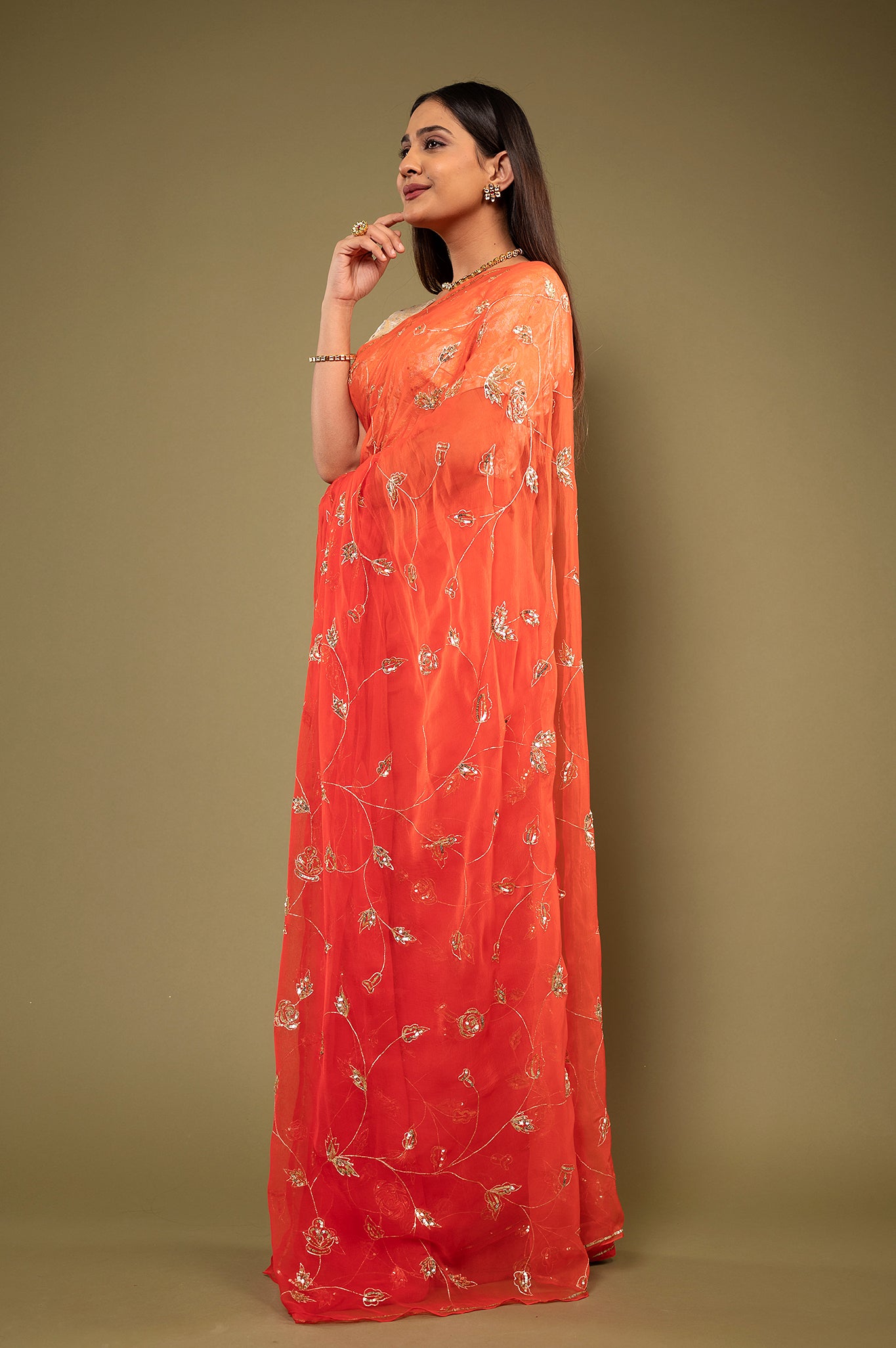 Red light dark viscose chiffon aari sequins jaal handwork casual wear saree