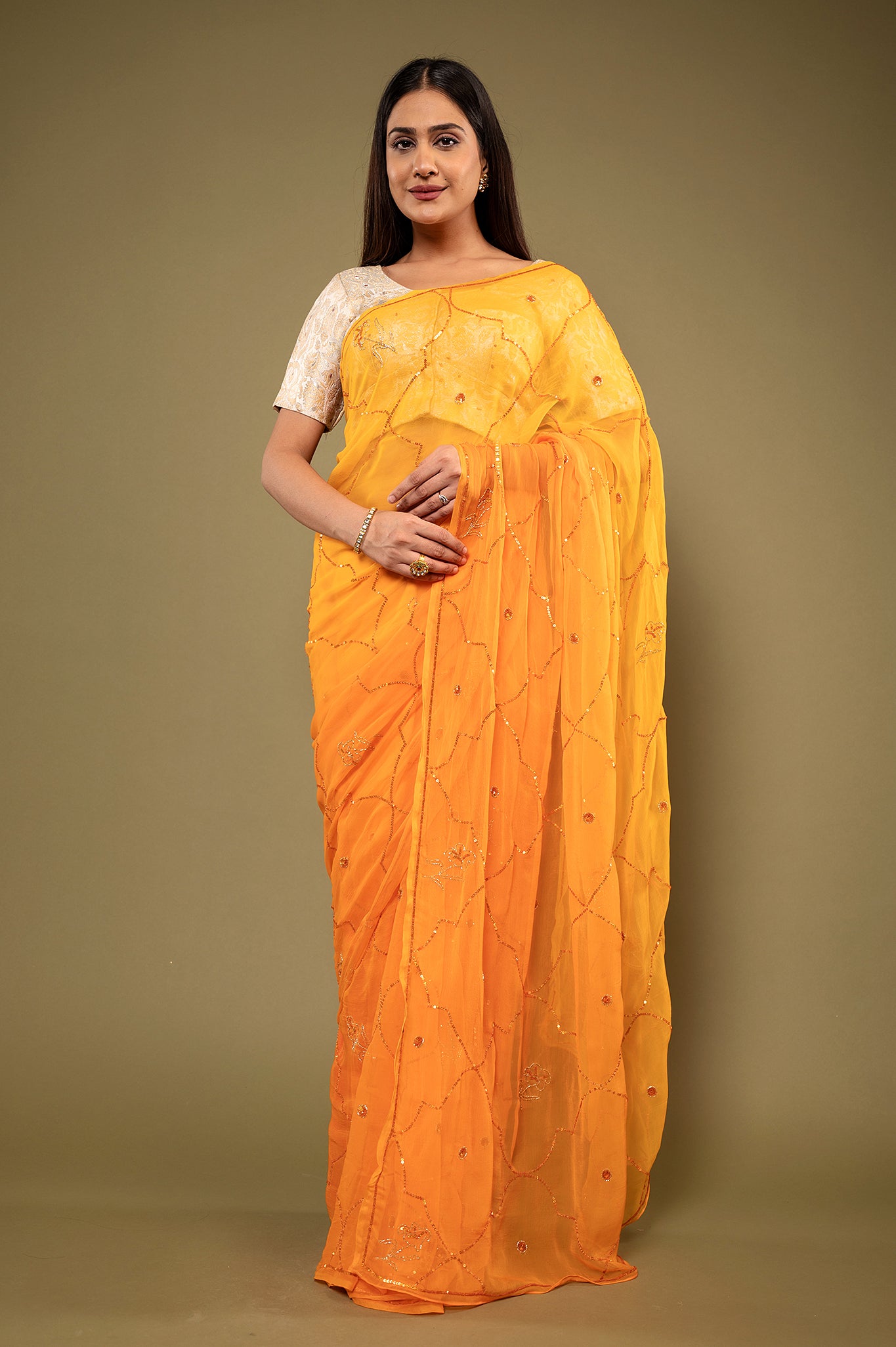 Orange light dark viscose chiffon sequins  handwork casual wear saree