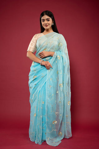 Viscose Chiffon Aari Resham Work Saree