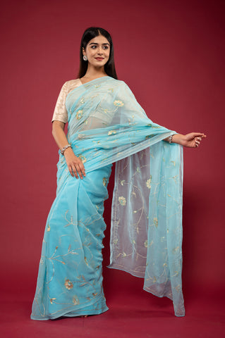 Viscose Chiffon Aari Resham Work Saree