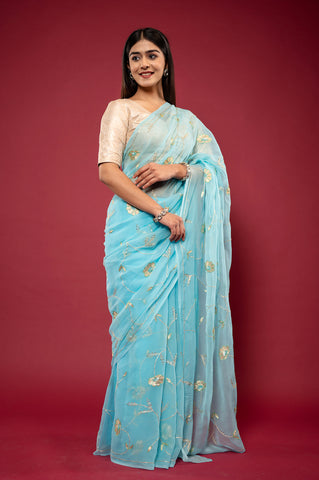 Viscose Chiffon Aari Resham Work Saree