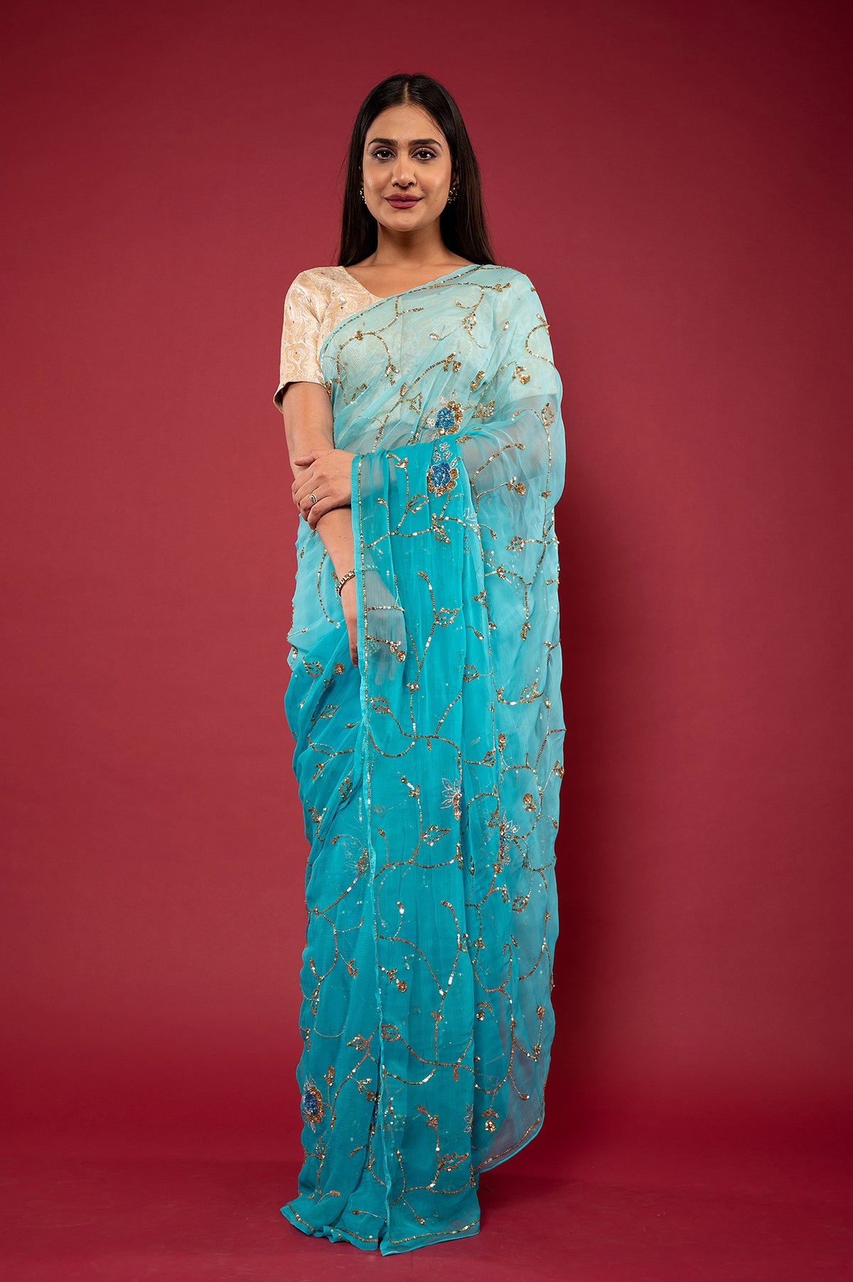 Viscose Chiffon Aari Siquin Work Saree