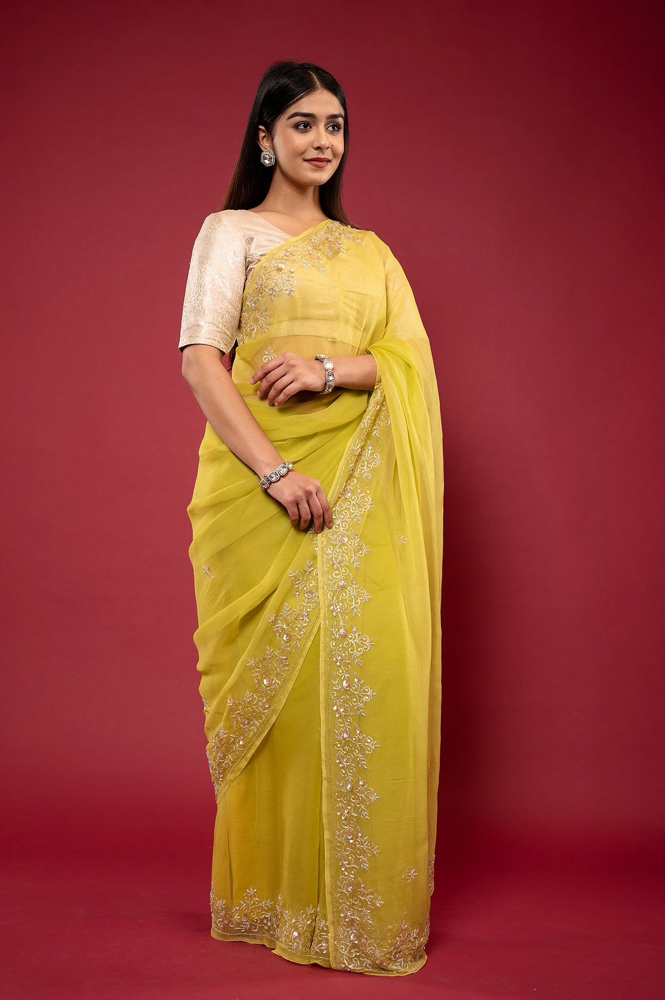 Olive green Viscose chiffon aari sequins kardana border butti handwork casual wear saree