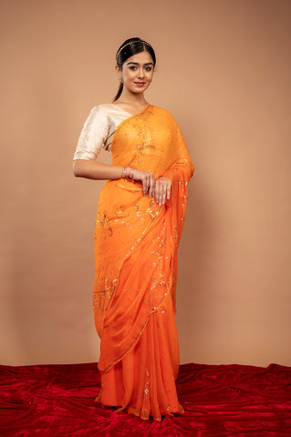 Viscose Chiffon Orange Aari Siquin Saree