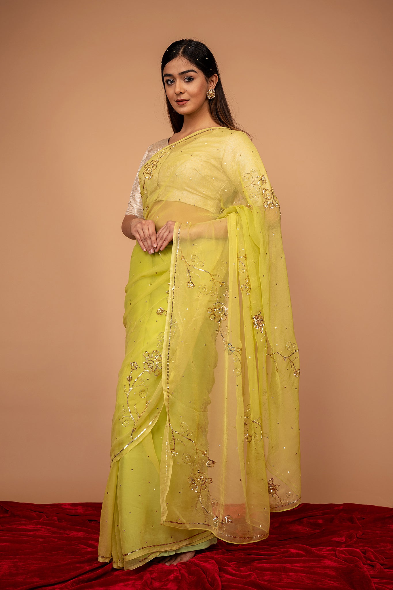 Lemon Yellow Viscose Chiffon All over Sequins Handwork  Saree