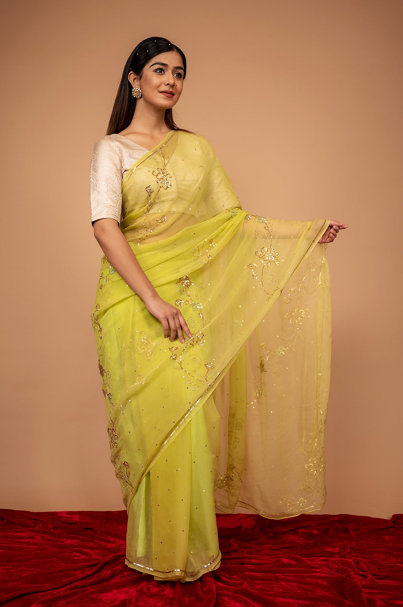 Lemon Yellow Viscose Chiffon All over Sequins Handwork  Saree