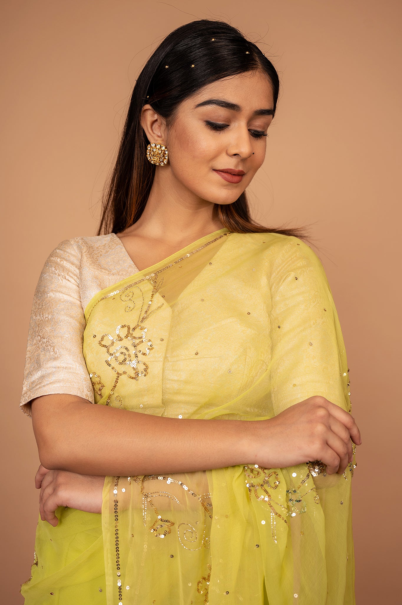 Lemon Yellow Viscose Chiffon All over Sequins Handwork  Saree