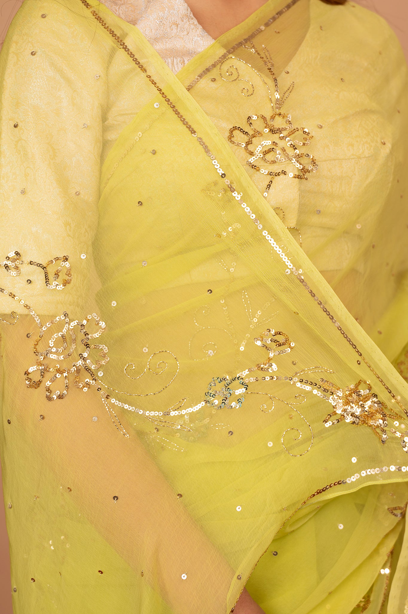 Lemon Yellow Viscose Chiffon All over Sequins Handwork  Saree