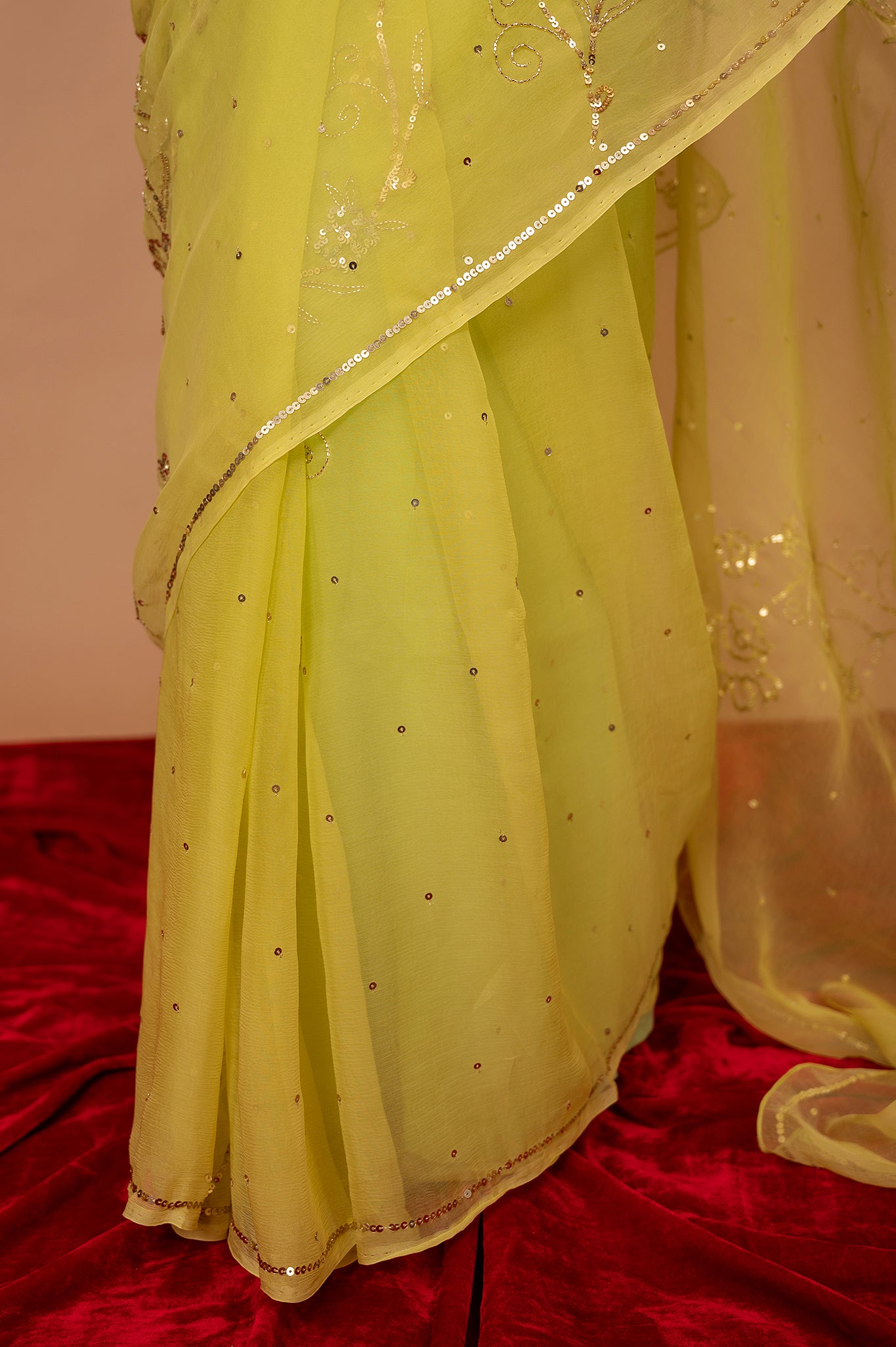 Lemon Yellow Viscose Chiffon All over Sequins Handwork  Saree