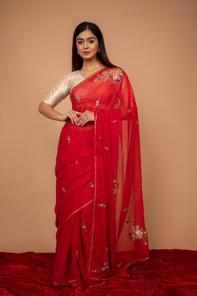 Viscose Chiffon Peacock  Work Saree