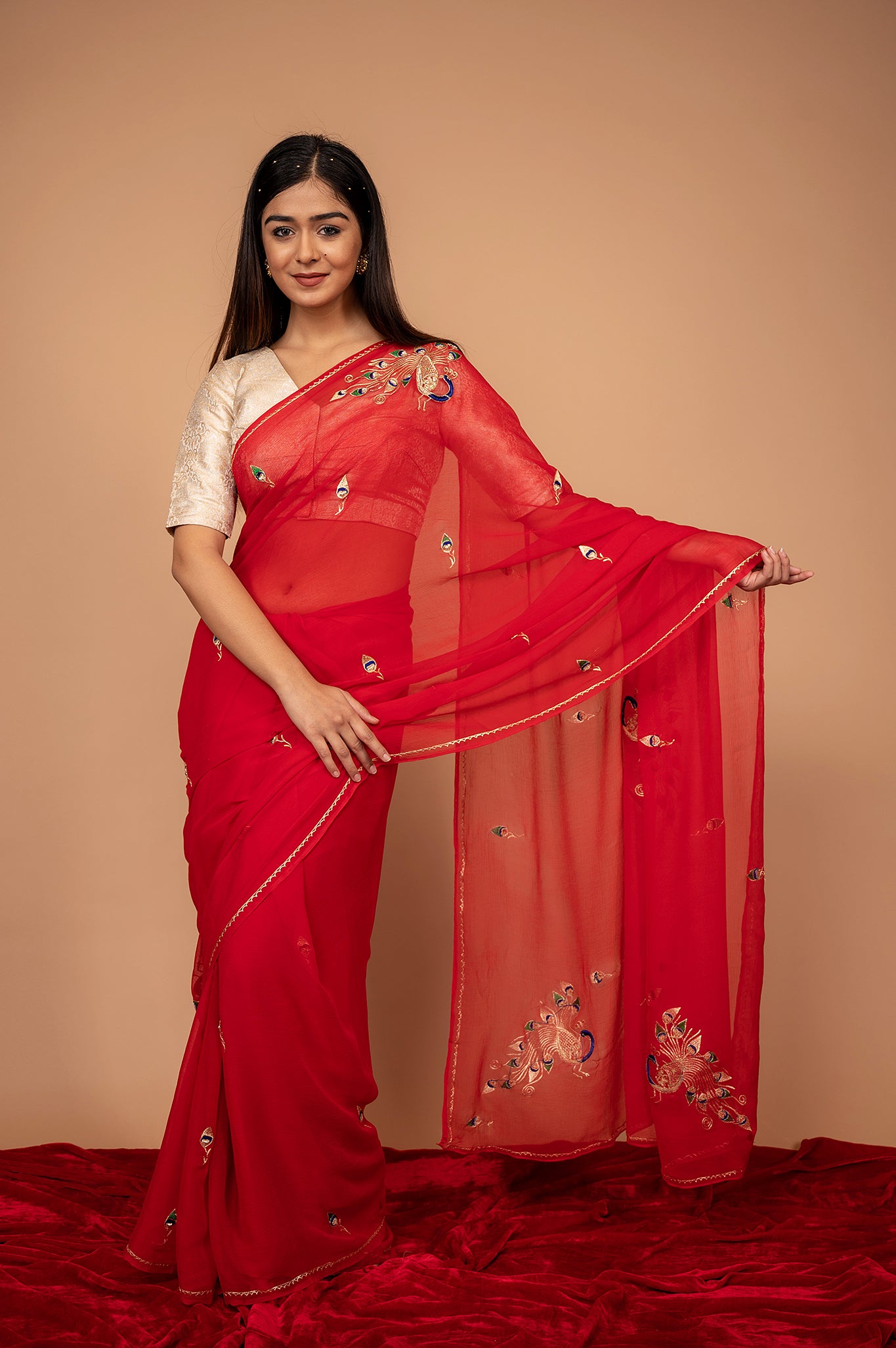 Viscose Chiffon Peacock  Work Saree