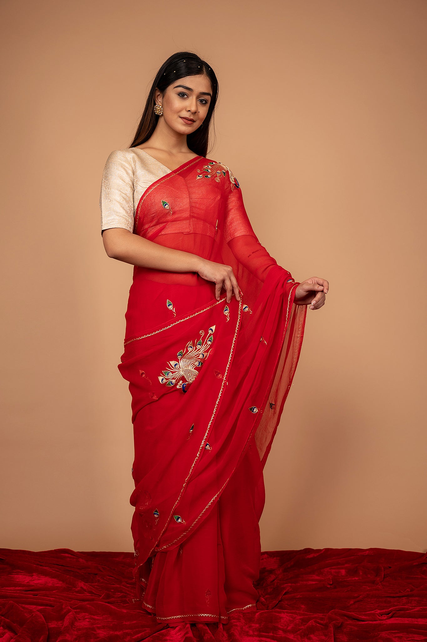 Viscose Chiffon Peacock  Work Saree