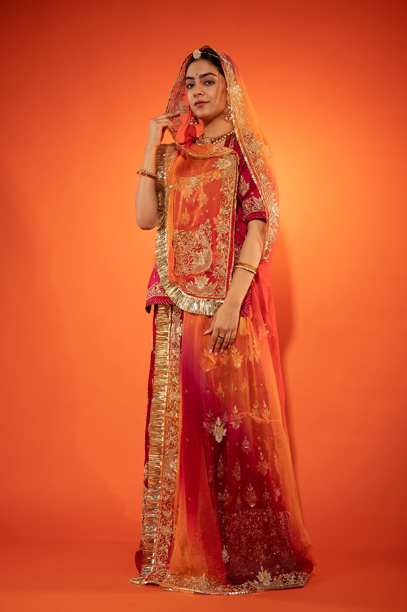 Burgundy Bamber Satin zardozi handwork rajputi Poshak with pure odhna