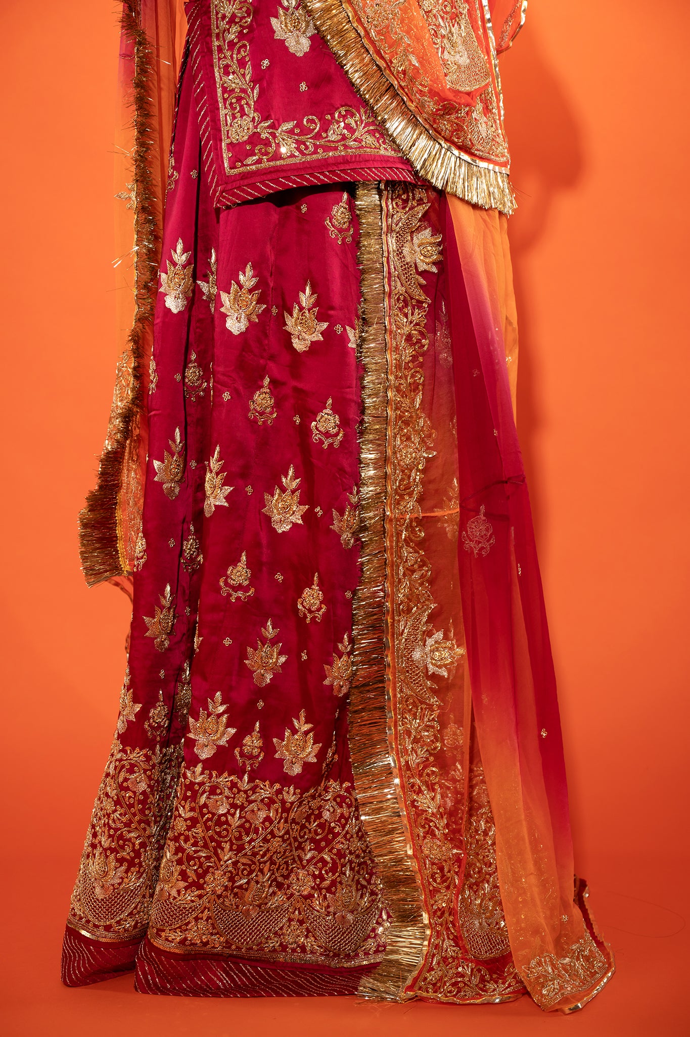 Burgundy Bamber Satin zardozi handwork rajputi Poshak with pure odhna